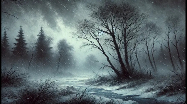 Paesaggio invernale molto cupo, freddo e pesante, con cielo decisamente nevoso e grigio.